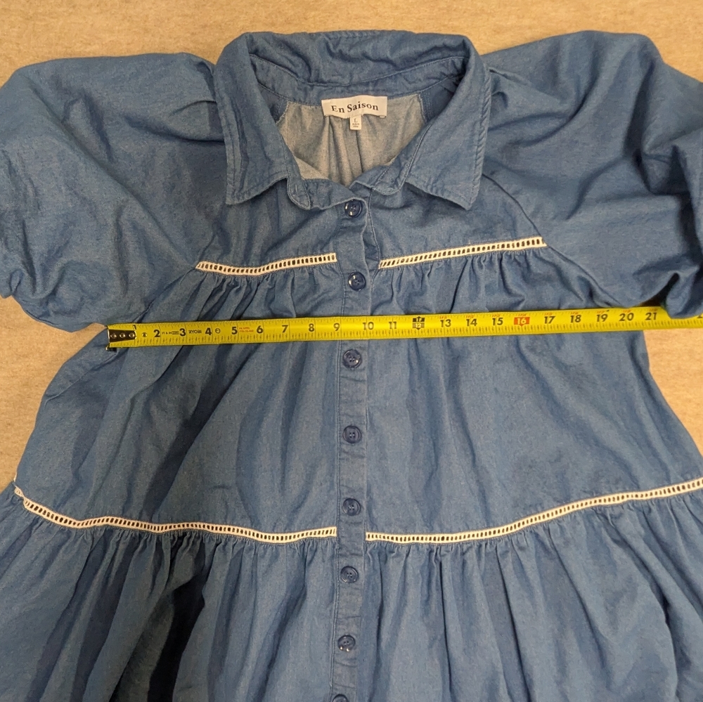 En Saison Tara Tiered Cotton Trapeze Mini Dress Denim Puff Sleeve Size Large - Picture 7 of 11